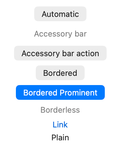 SwiftUI button styles on macOS showing automatic, accessory bar, bordered, link, and plain buttons.
