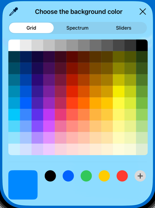 iOS ColorPicker without opacity control in SwiftUI, showing only fully opaque color options.
