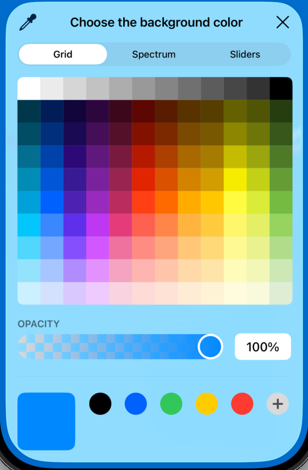 iOS ColorPicker showing opacity slider enabled, allowing transparent color selection in SwiftUI.