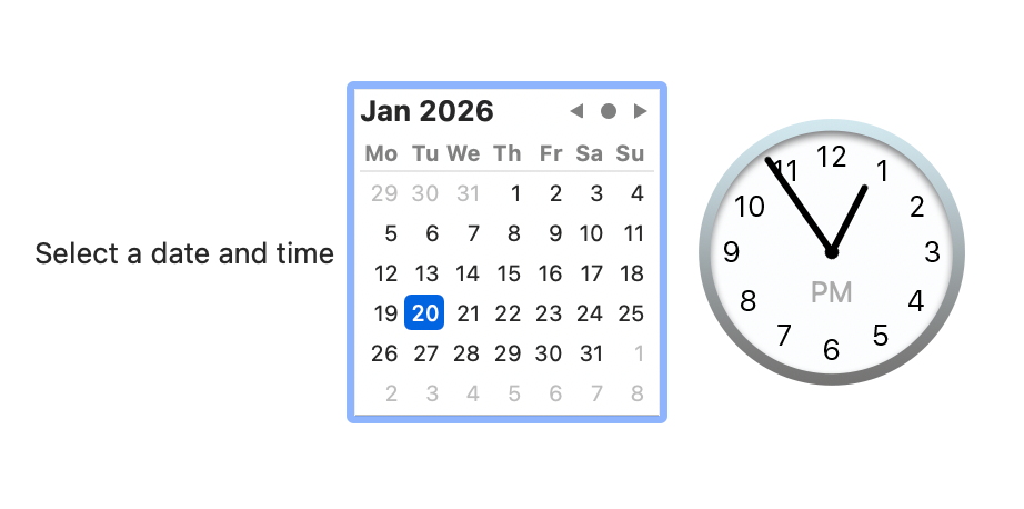 SwiftUI graphical DatePicker on macOS showing embedded calendar view with selectable dates.