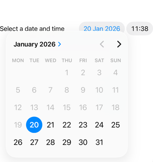 SwiftUI DatePicker on iOS showing disabled past dates and enabled future date range.