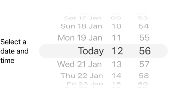SwiftUI wheel-style DatePicker on iOS with scrollable hour, minute, and date columns.